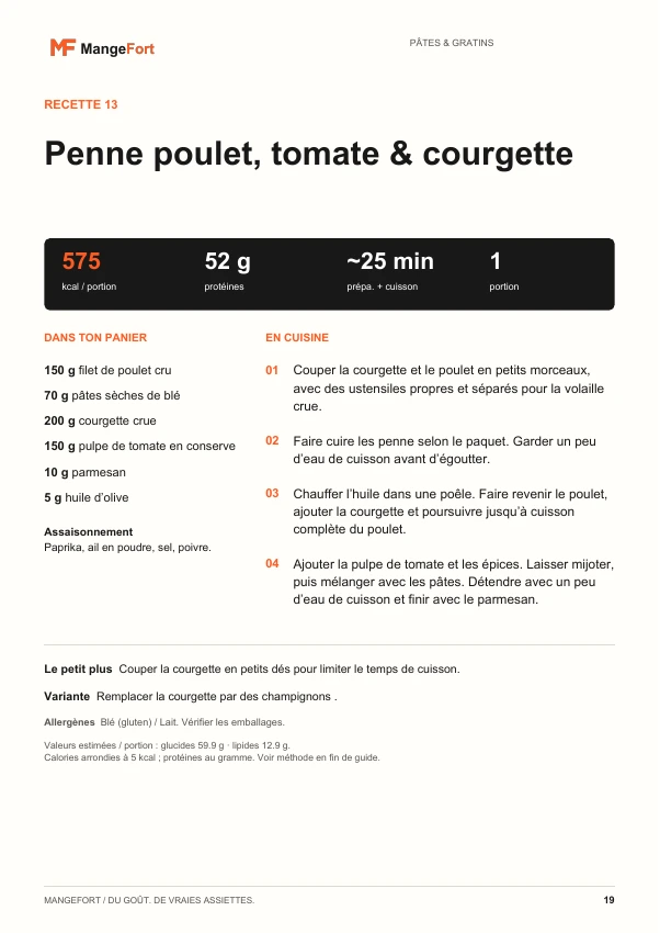 Page 19 : penne poulet, tomate et courgette, ingrédients et préparation